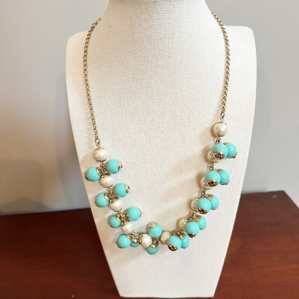J Crew Statement Necklace Turquoise Color Faux Pearl Beads Beaded Summer Jewelry